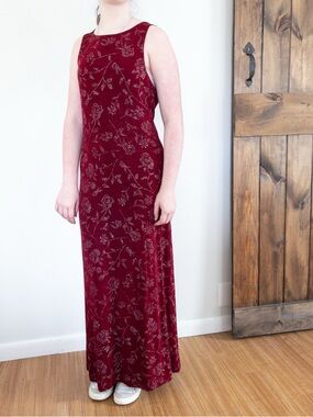 Vintage Circa 90's Y2K All That Jazz Burgundy Glitter Floral Tank Maxi Dress Med